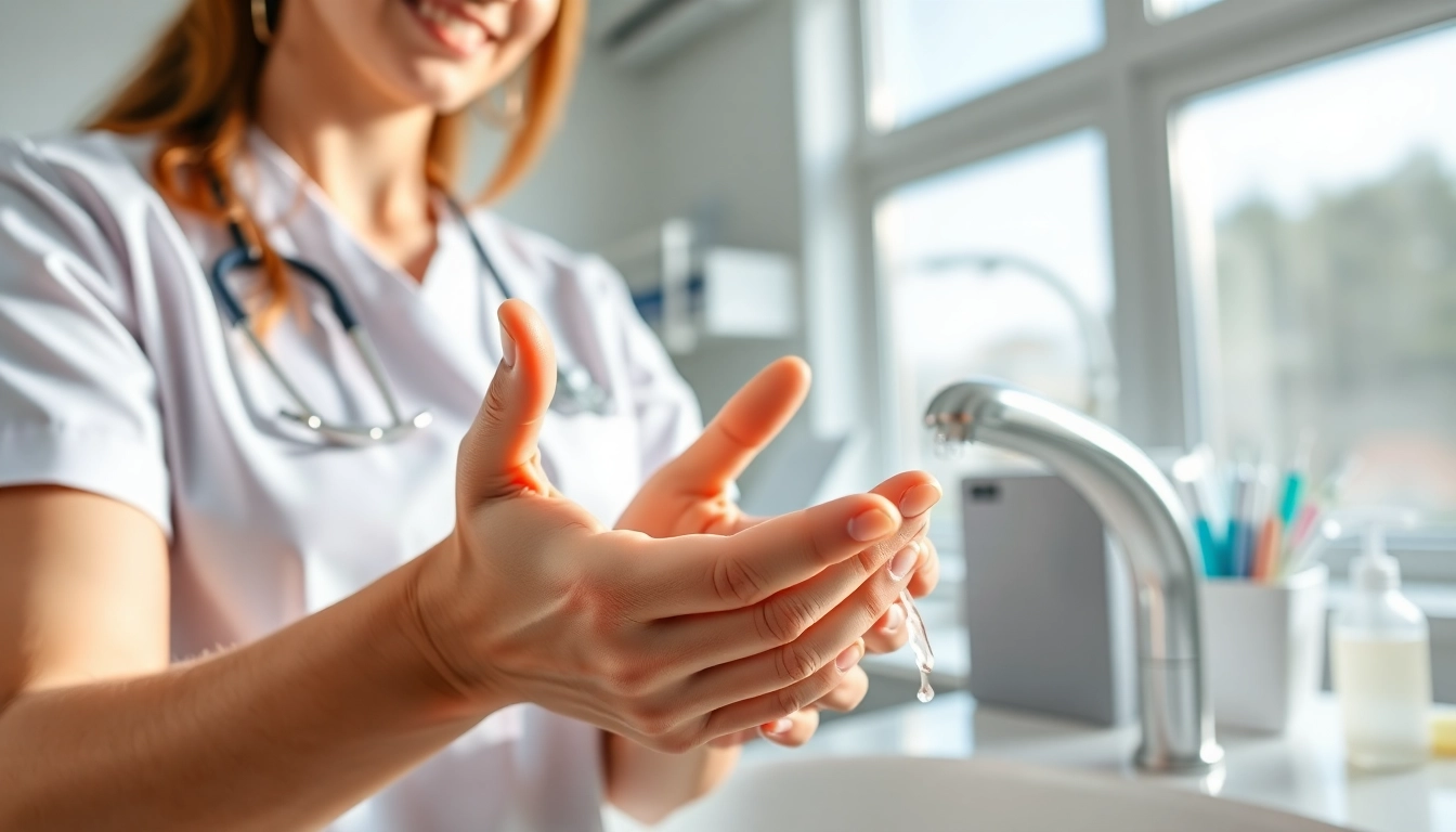 Enhance hygiene by illustrating handwashing techniques in a clean dental clinic environment.
