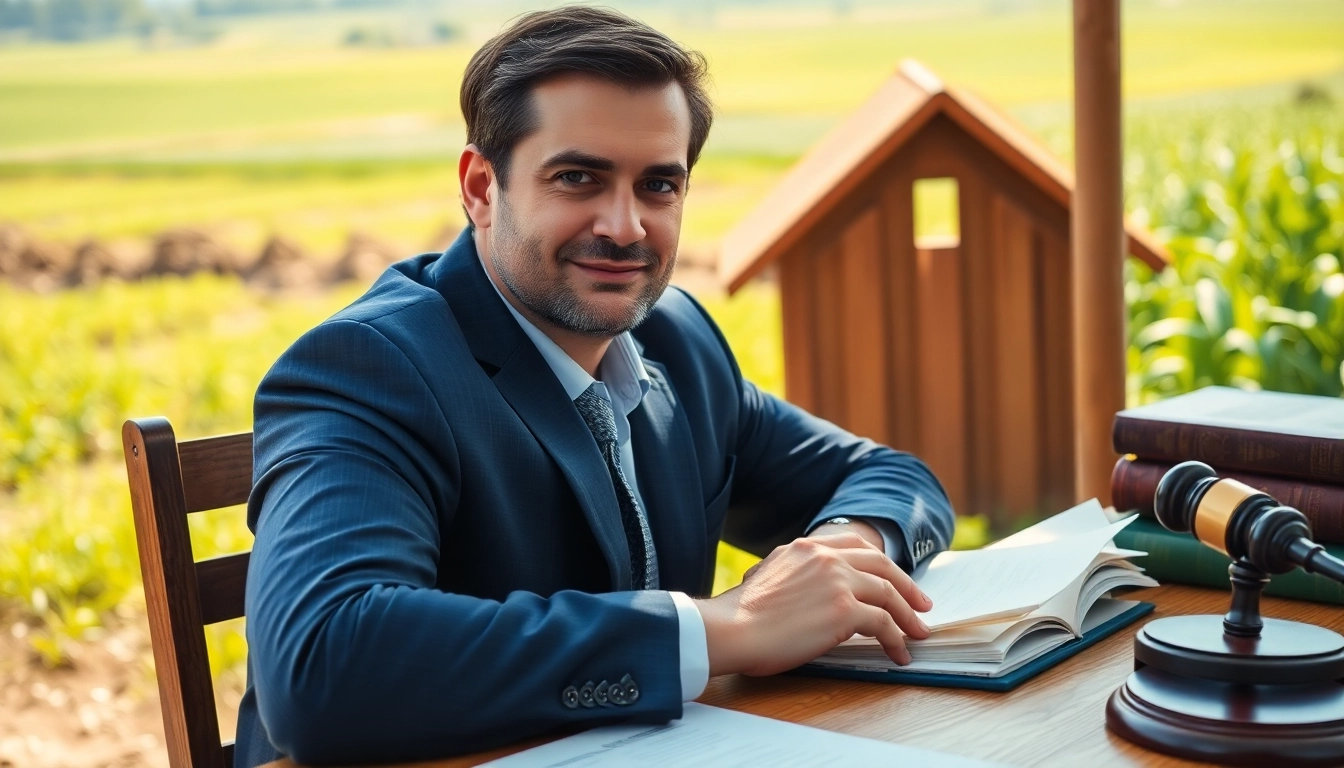 Agriculture lawyer consulting on legal matters with crops in the background.