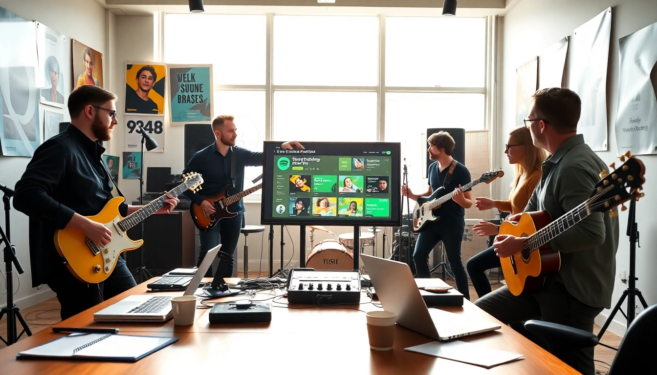 Collaborative scene of musicians strategizing spotify promotion in a vibrant studio setting.