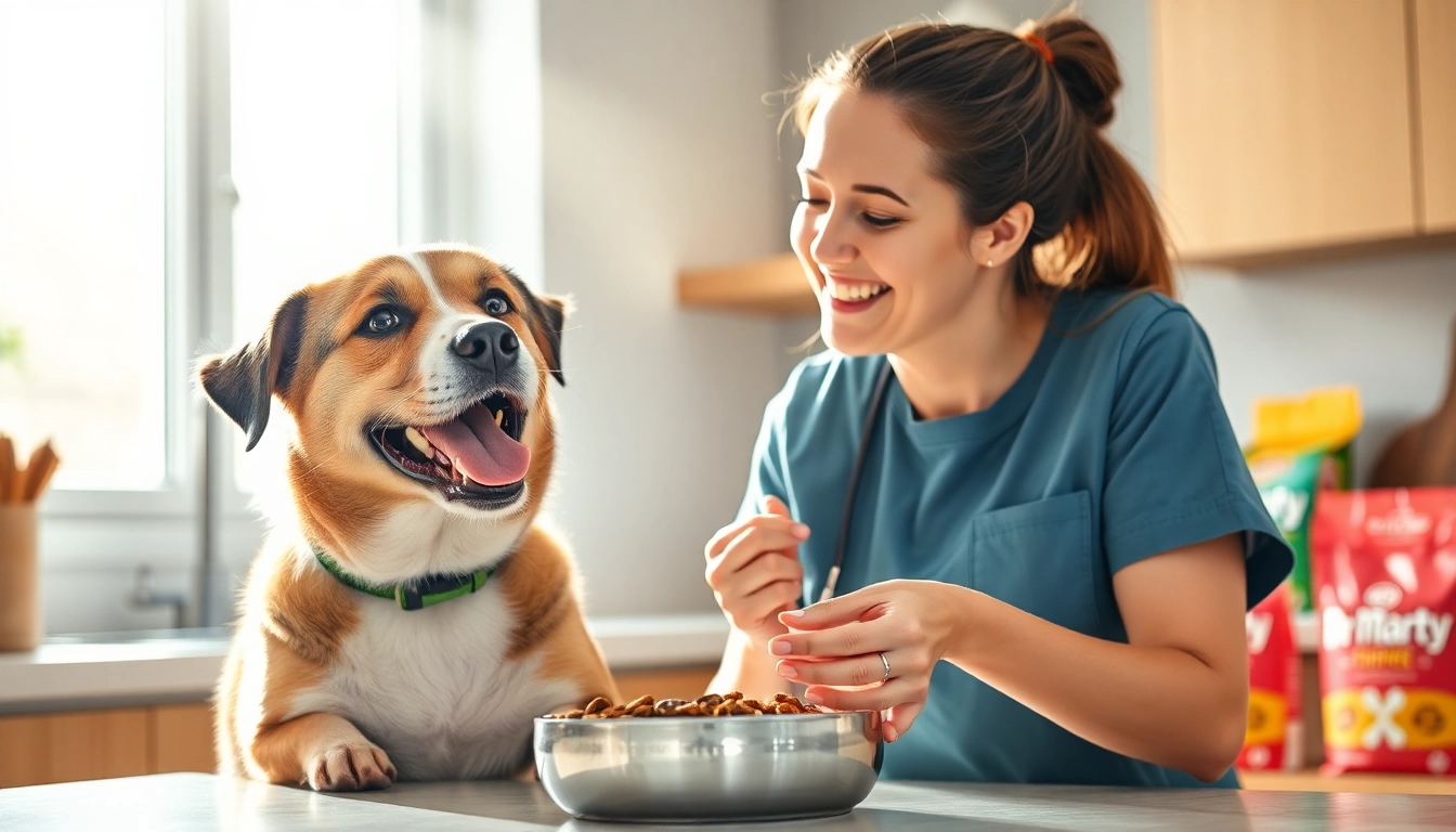 Happy dog enjoying Dr. Marty pet food Canada in a bright kitchen setting.