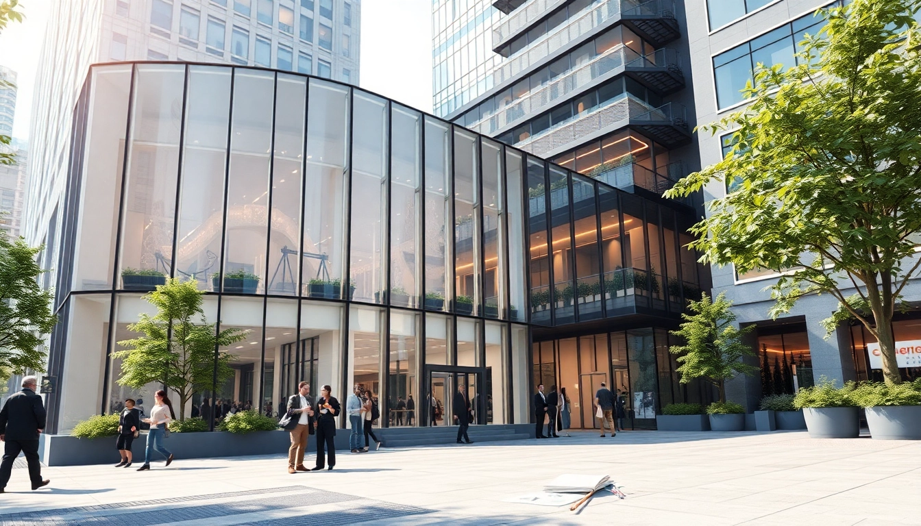 Architektur Visualisierung eines modernen Gebäudes in einer lebhaften Stadtumgebung.