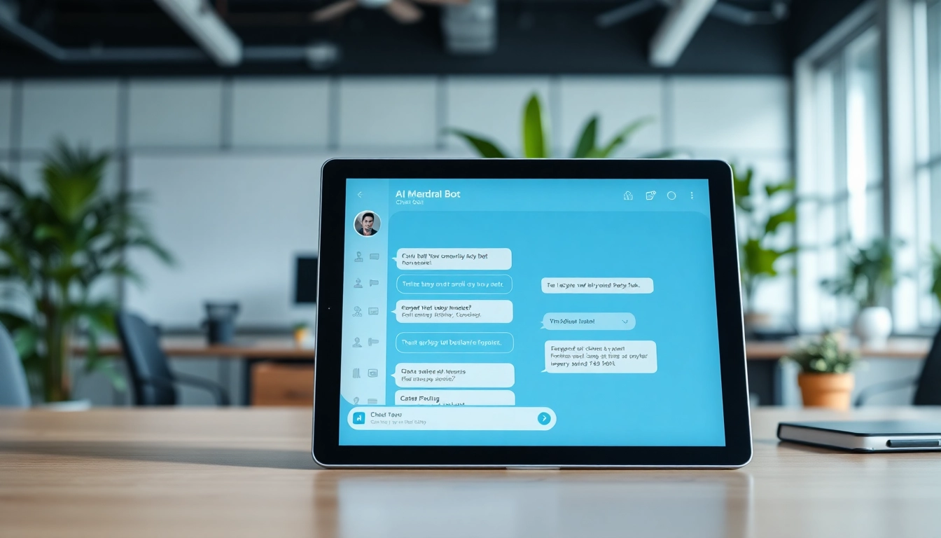 Engaging ai chat bot interface on a sleek tablet, showcasing modern technology in a professional setting.