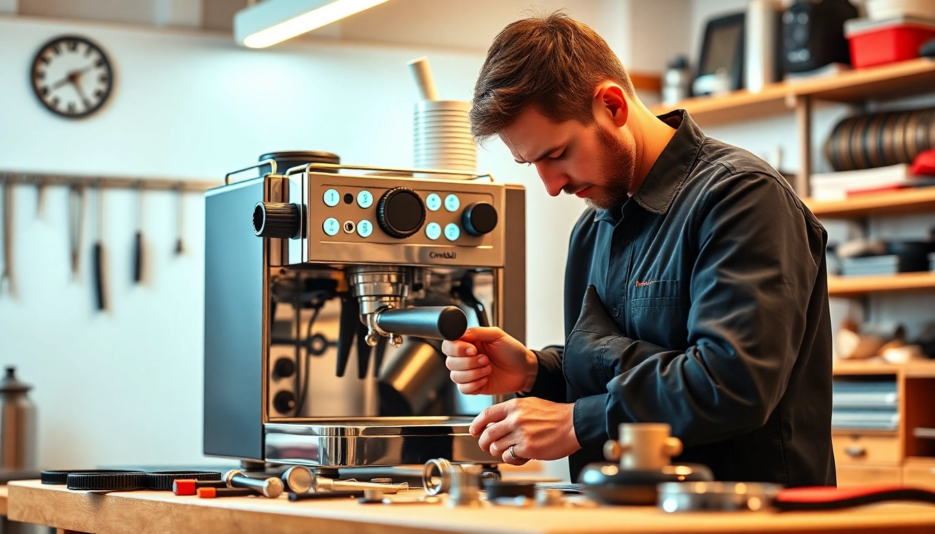 Technician performing Cimbali tamiri on an espresso machine in a well-equipped workshop.