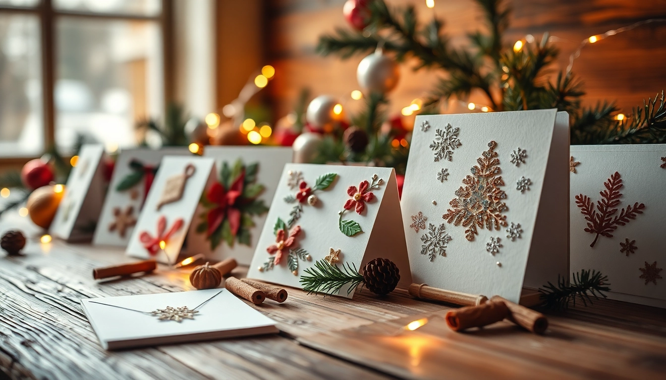 Admiring handmade Christmas cards London with festive designs on a rustic table setting.