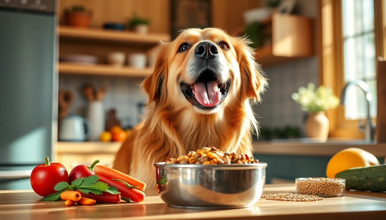 Dog enjoying badlands ranch dog food in a bright kitchen with fresh ingredients.