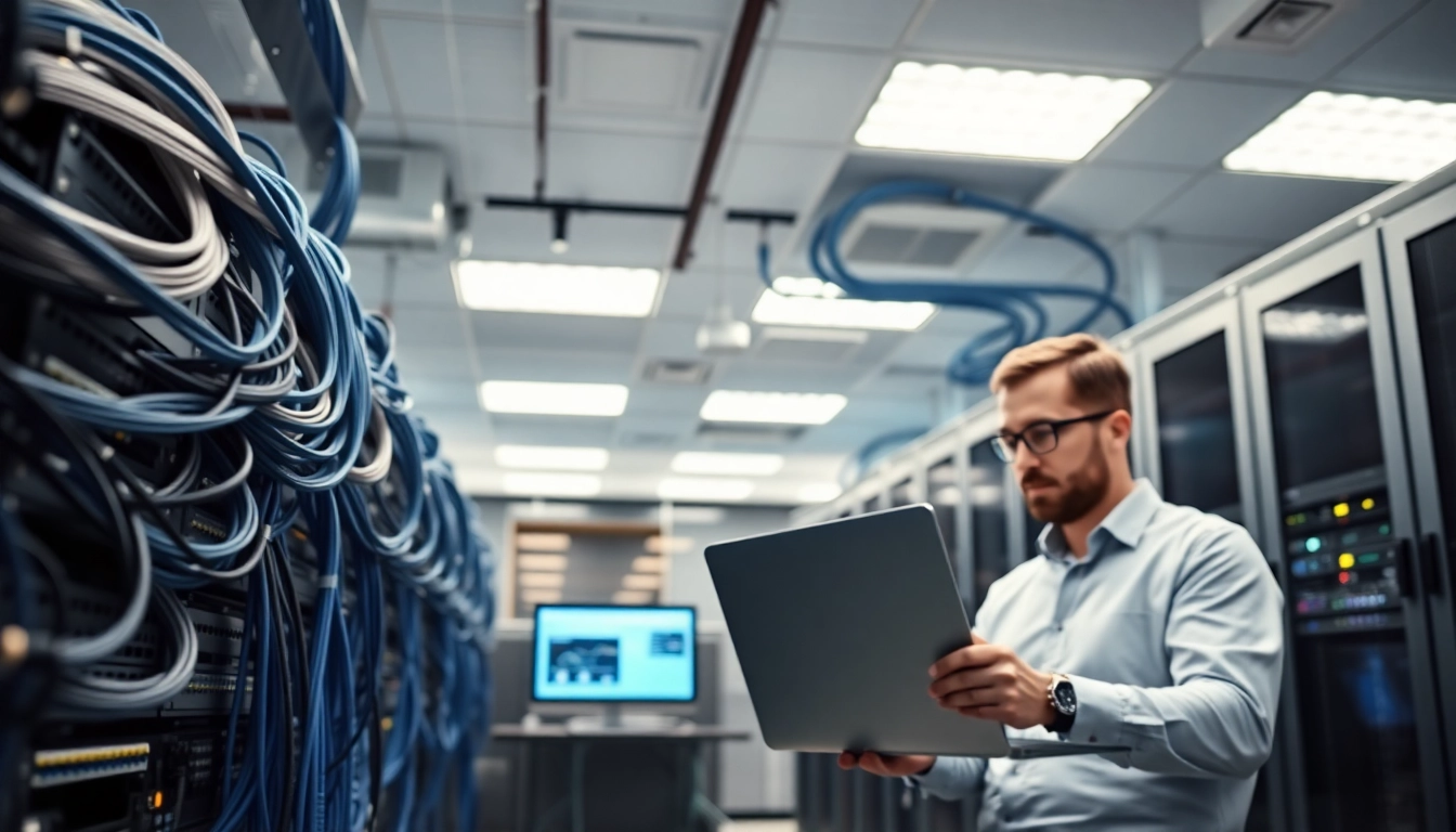 Visualize network infrastructure with a technician managing hardware in a modern data center.