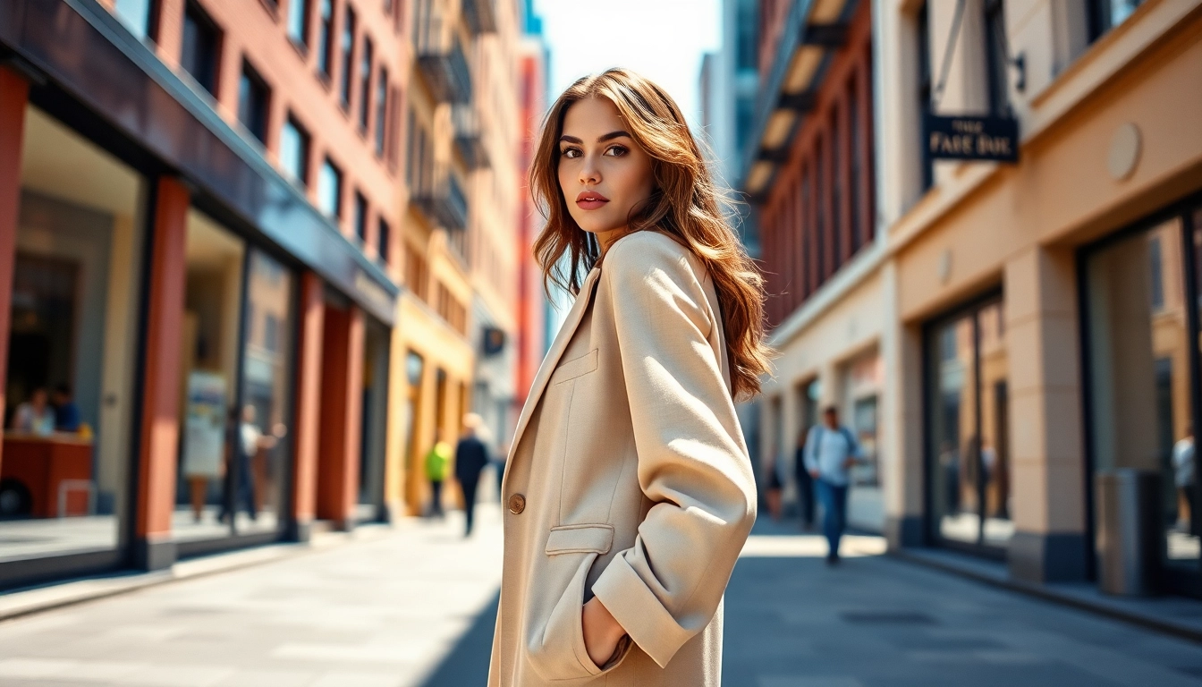 Model wears chic north fashion outfit in an urban setting, showcasing modern elegance.