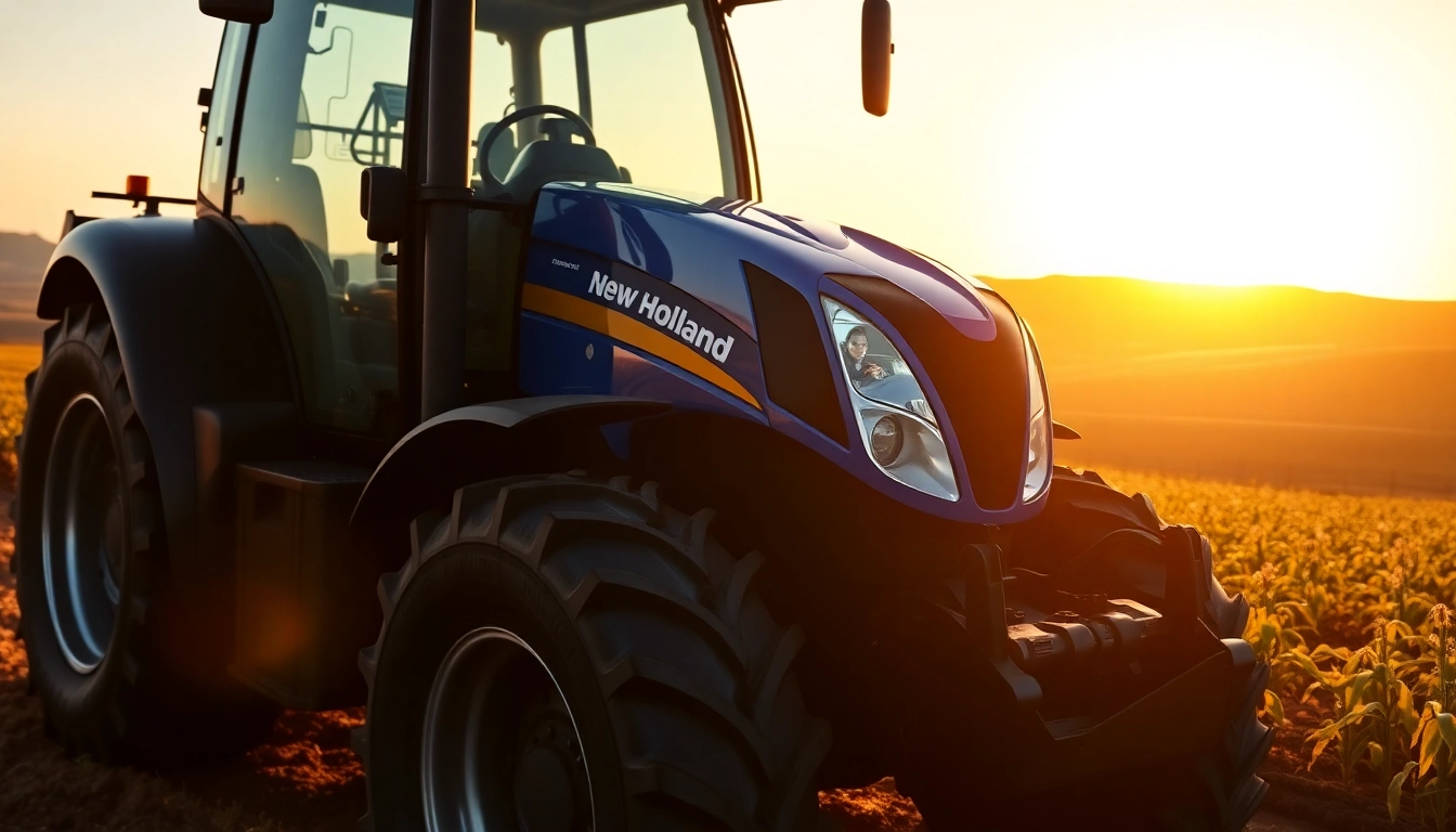 New Holland Traktor im Einsatz auf einem Feld bei Sonnenaufgang.