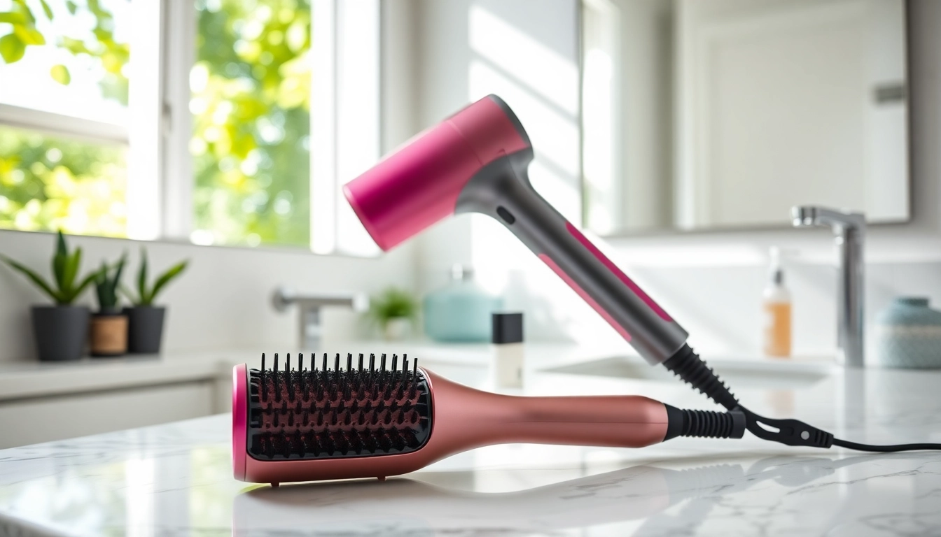 Showcasing a Blow Dryer Brush on a marble countertop beside styling products, emphasizing its design.