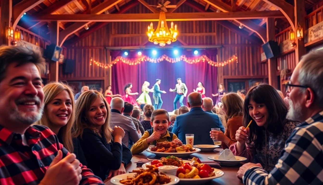 Guests enjoying dinner at the firelight barn dinner theater, filled with lively performances and BBQ.