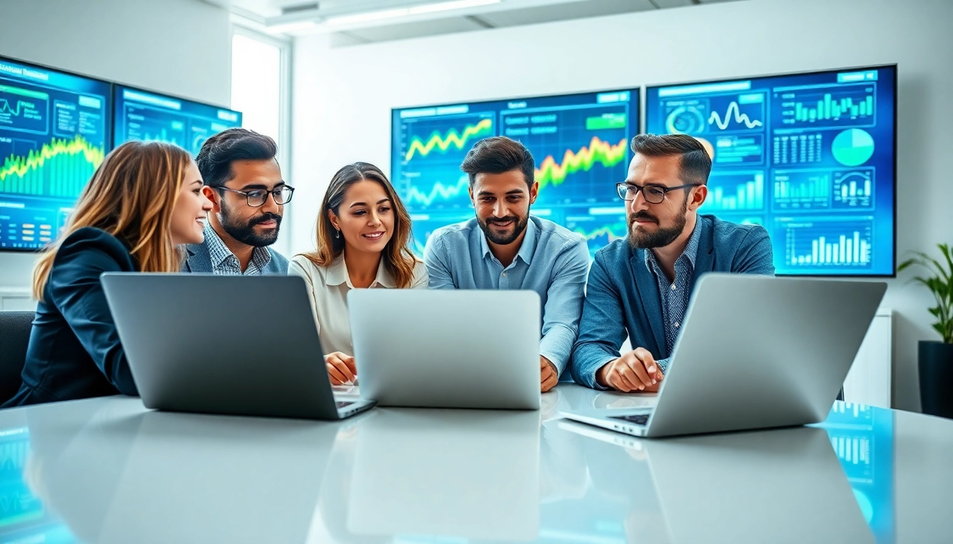Engaged team discussing data-driven decision making in a modern office environment.