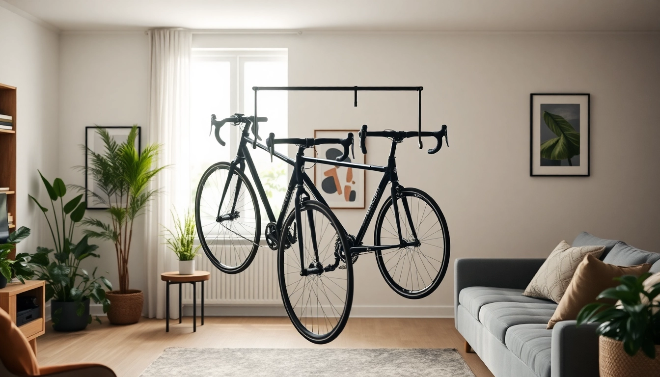 Showcase of indoor bike storage with stylish wall-mounted racks and cozy home décor.