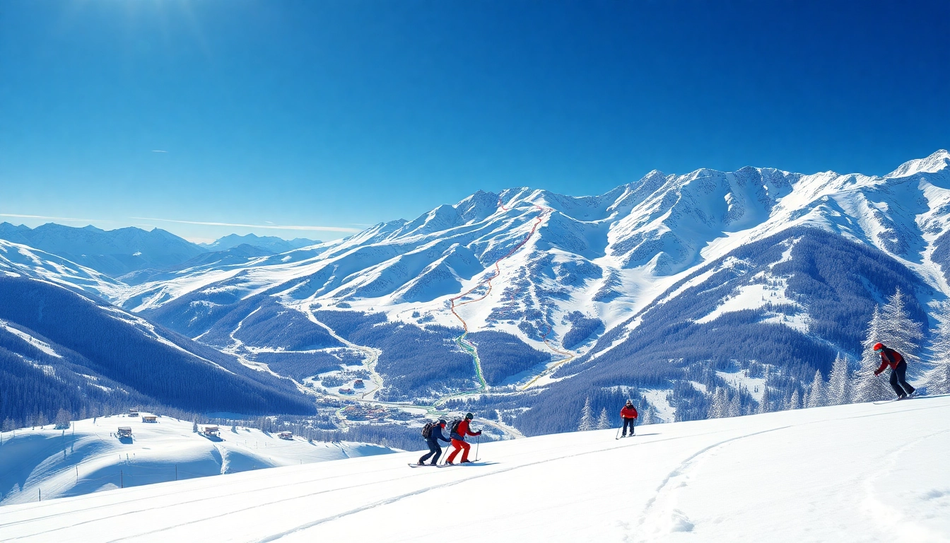 Ski map of New Zealand displaying trails and ski resorts in a beautiful alpine setting.