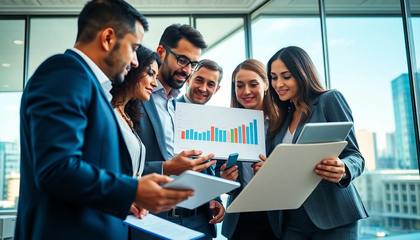 Sales team utilizing competitive intelligence for sales in a dynamic office collaboration.