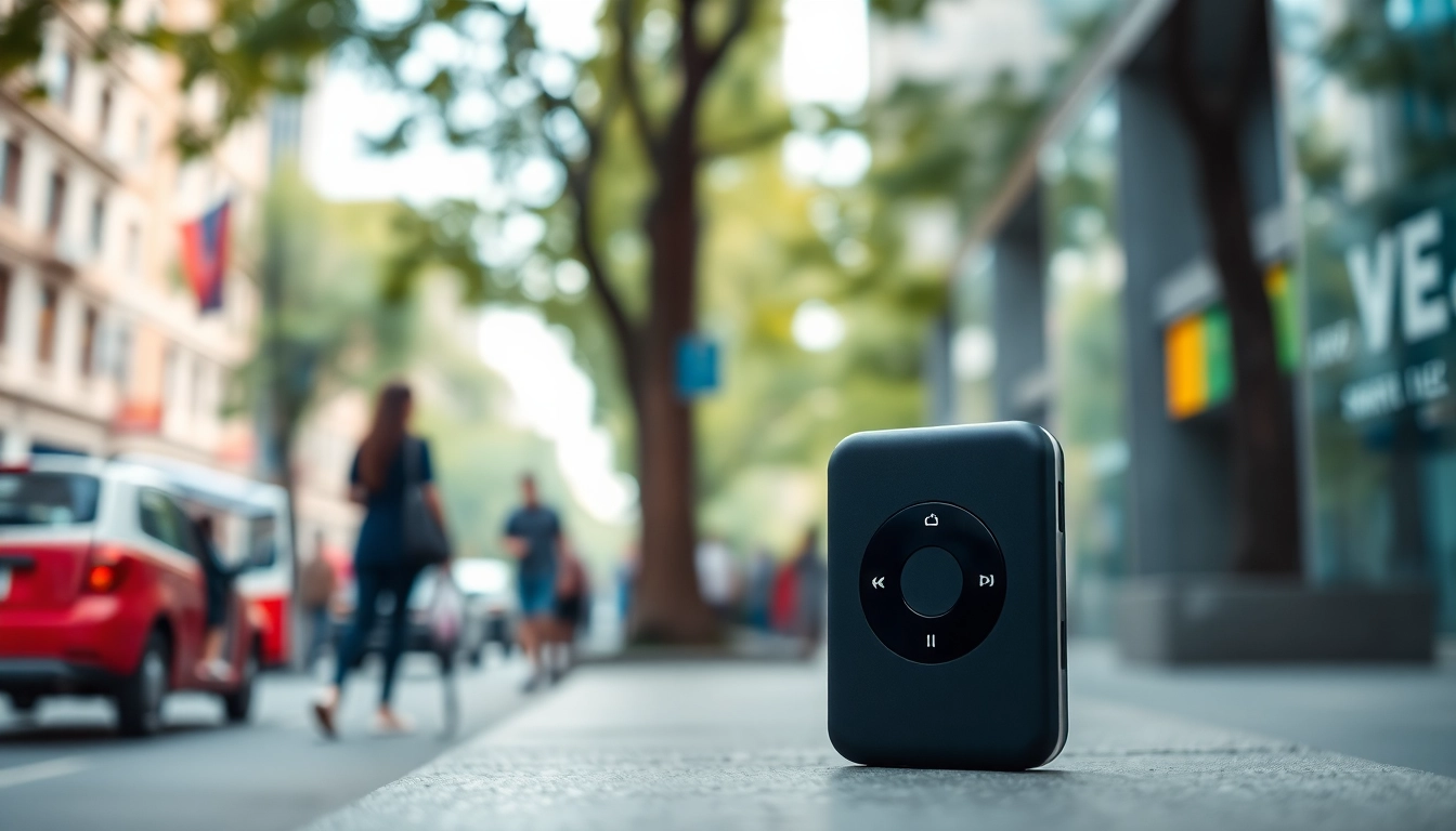 Explore the stylish features of the MP3 player at https://hardwareplayer.com amidst an urban backdrop.