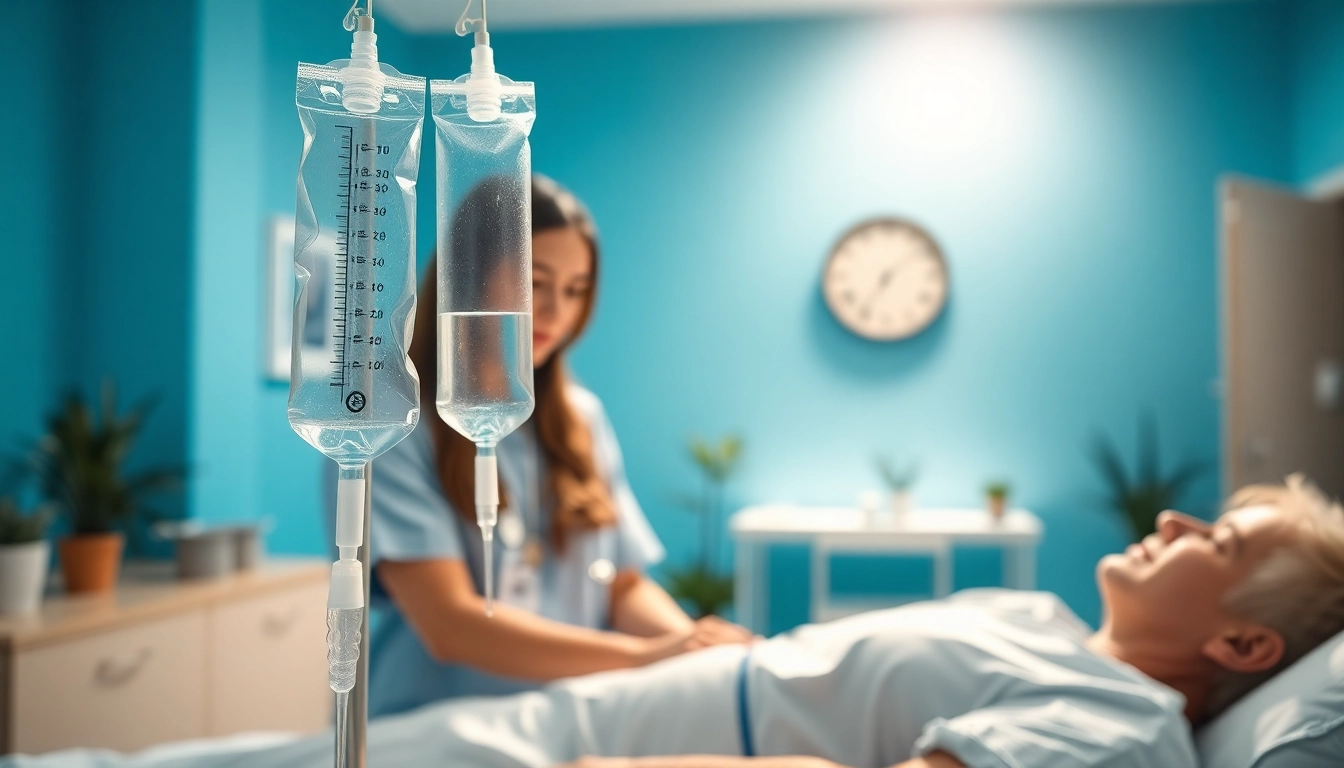 Administering intravenous drip in a clean clinic setting, showcasing patient care and professionalism.