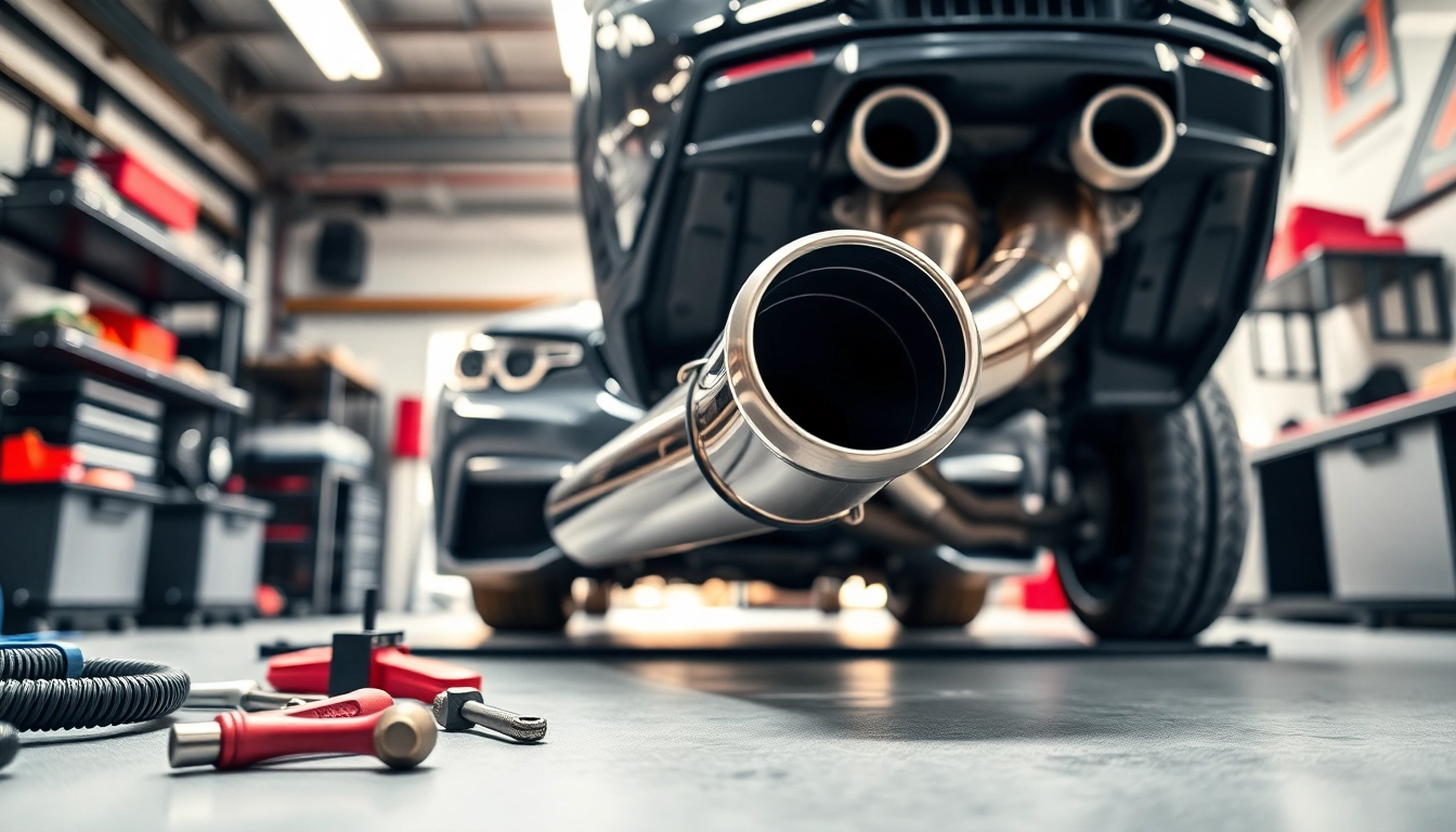 Installing f80 downpipe in a professional automotive workshop setting with tools and BMW M3.