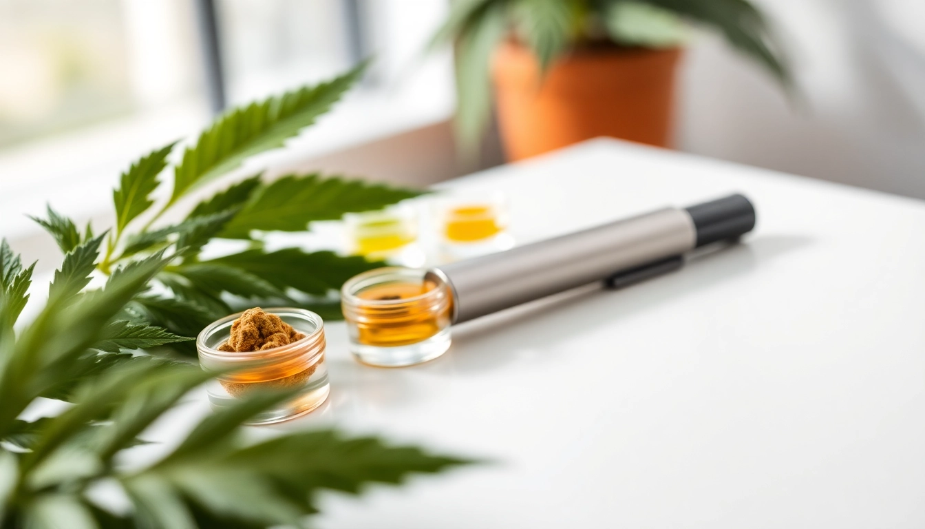 Stylish dab pen alongside colorful cannabis concentrates on a modern surface.