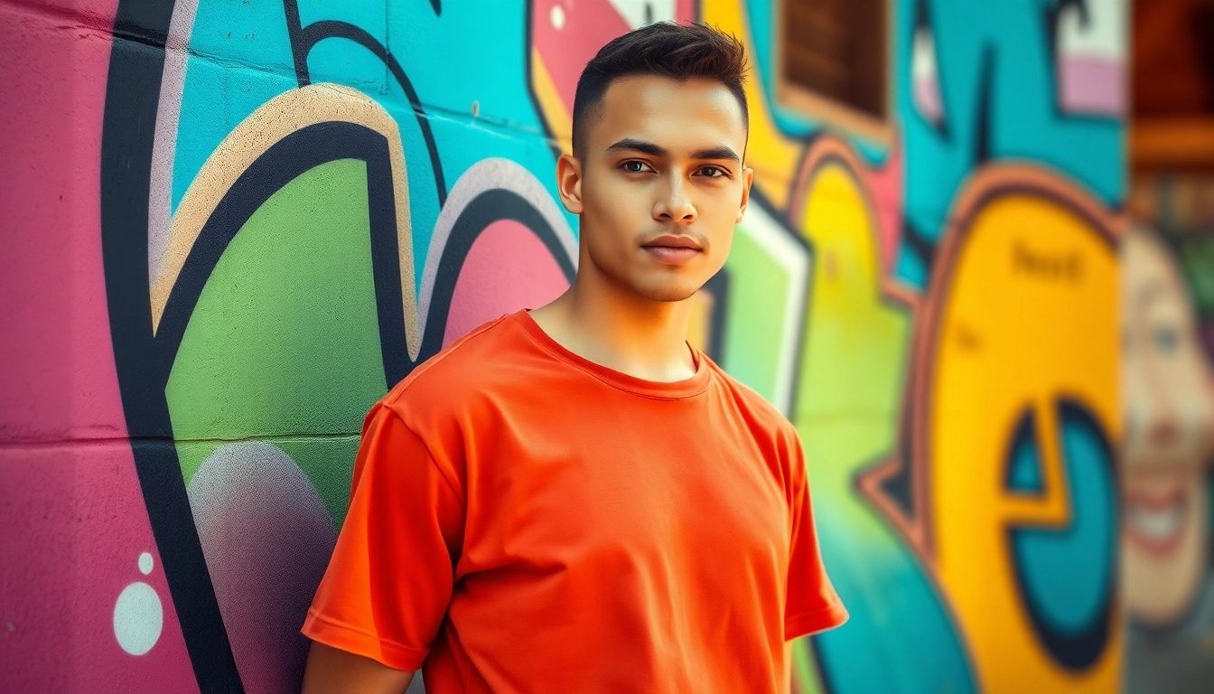 Model showcasing a drop shoulder t shirt against a graffiti backdrop in an urban environment.