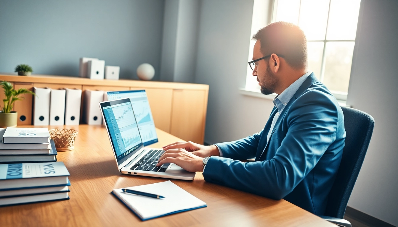 Engaging forex trader using Forex Signals Telegram on a laptop surrounded by financial resources.