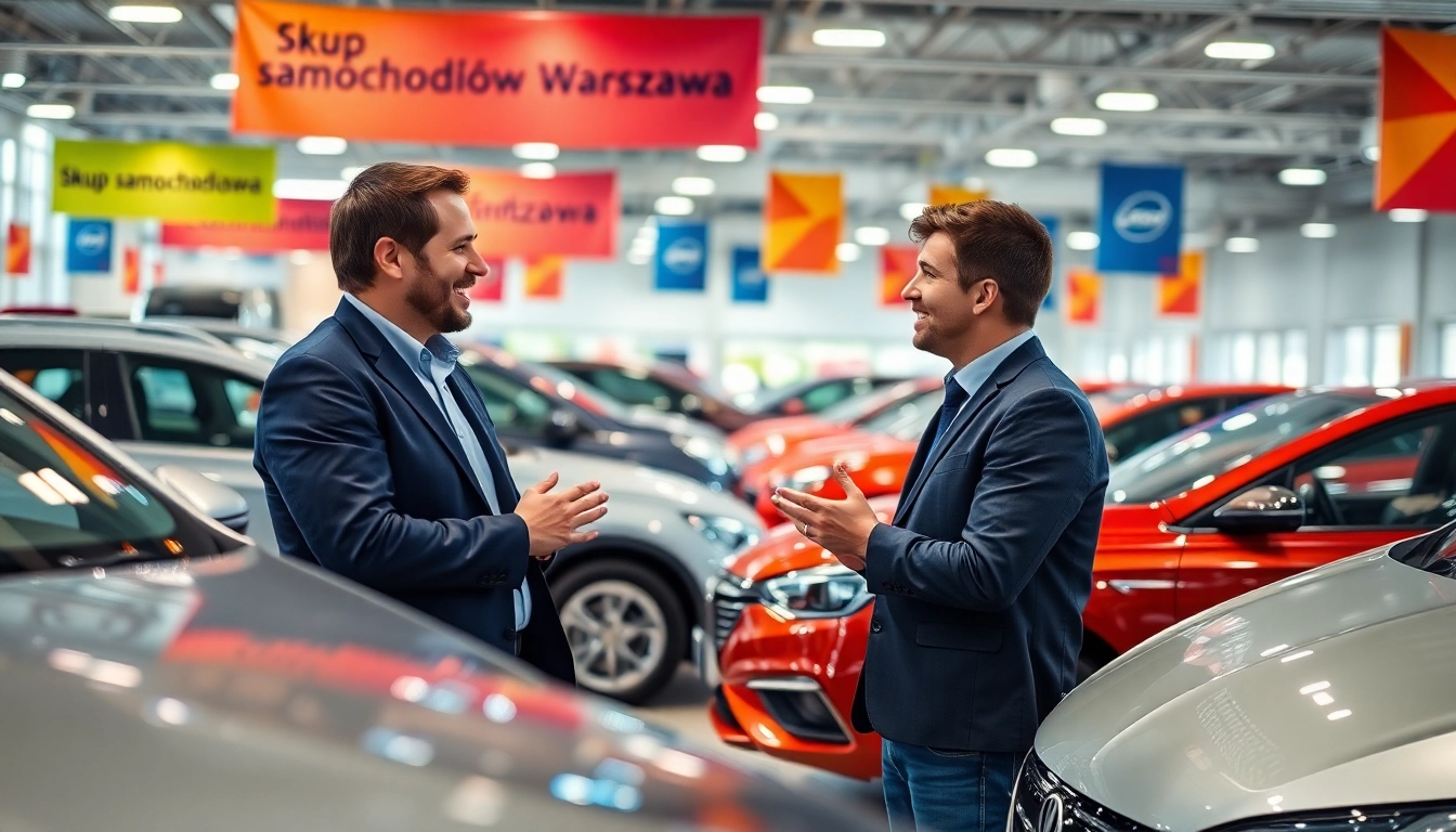 Skup samochodów Warszawa w profesjonalnym salonie samochodowym z zadowolonym klientem.