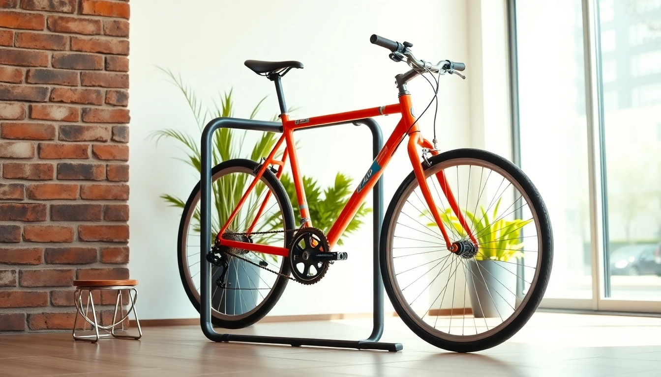 Showcasing a stylish bike rack holding a vibrant bicycle against a bright urban backdrop.