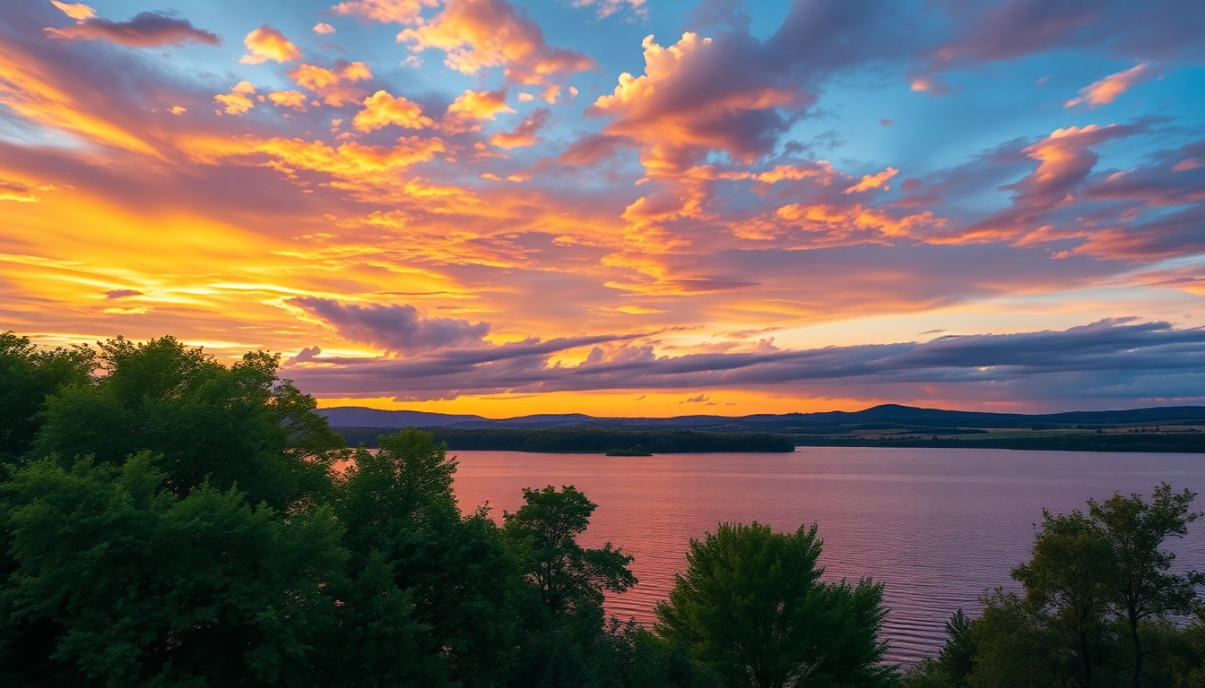 Capture of a tranquil sunset landscape in Lexington SC, showcasing lush greenery and a serene lake.