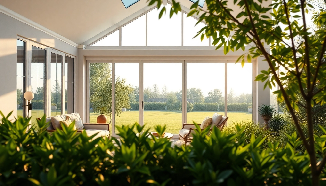 Admire a stunning real glass sunroom surrounded by a lush garden and peaceful atmosphere.